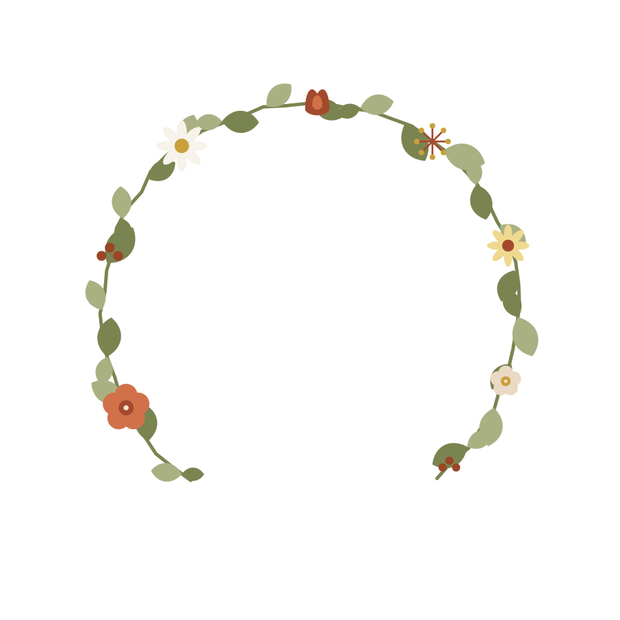 A painted wreath of leaves and wildflowers