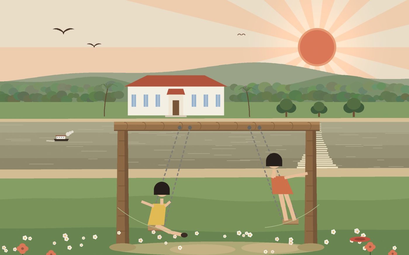 Two wooden posts and a beam, chains holding plank seats; one girl seated, one standing on her swing; the river and a school beyond