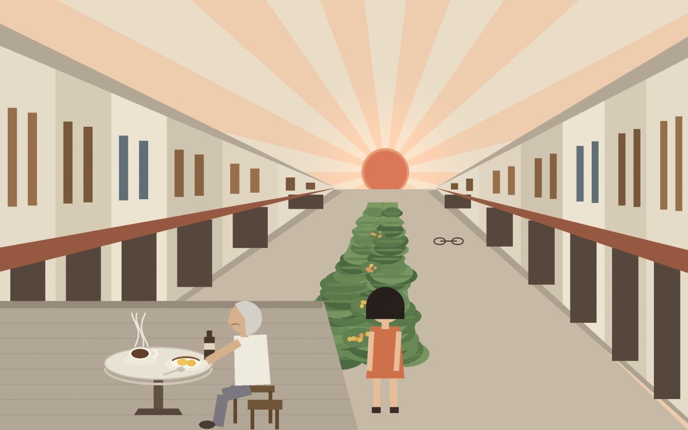 A street between two rows of concrete shophouses with a planted strip of grass and low bushes running down the middle; in the near left a coffee shop with a marble table, an old man eating, a small girl watching