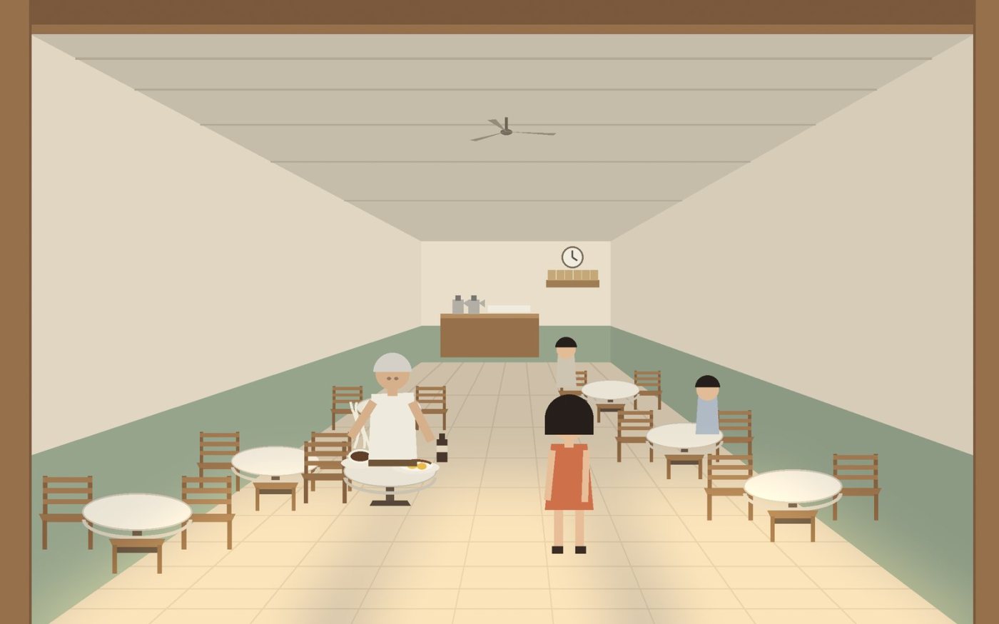 Inside a long coffee shop with the front wide open; tiled floor, ceiling fan, empty tables; an old man eating while a girl watches