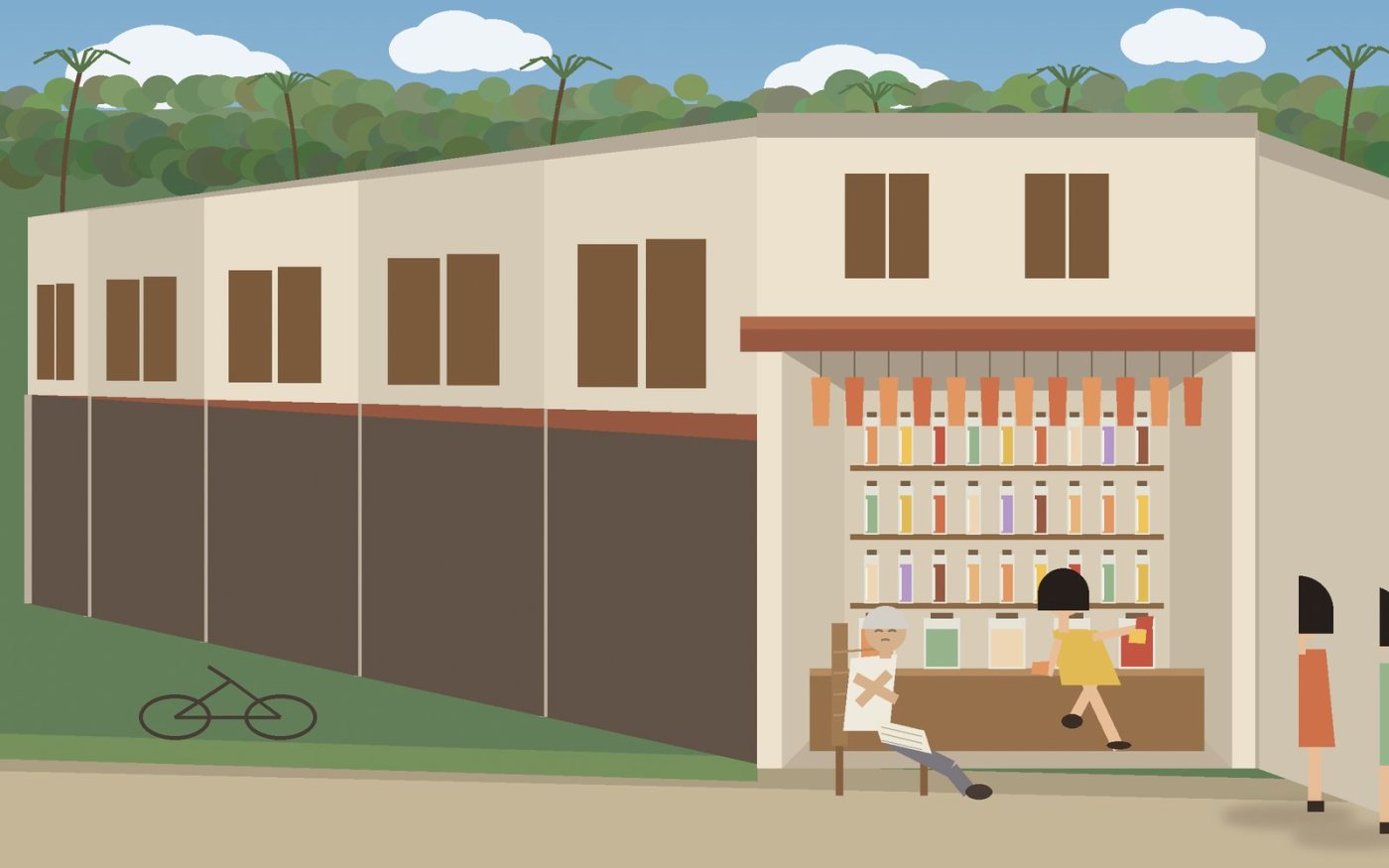 A jungle village under blue sky; the end shop stands open, its wall lined with jars of sweets; an old man dozes while a girl darts at the counter