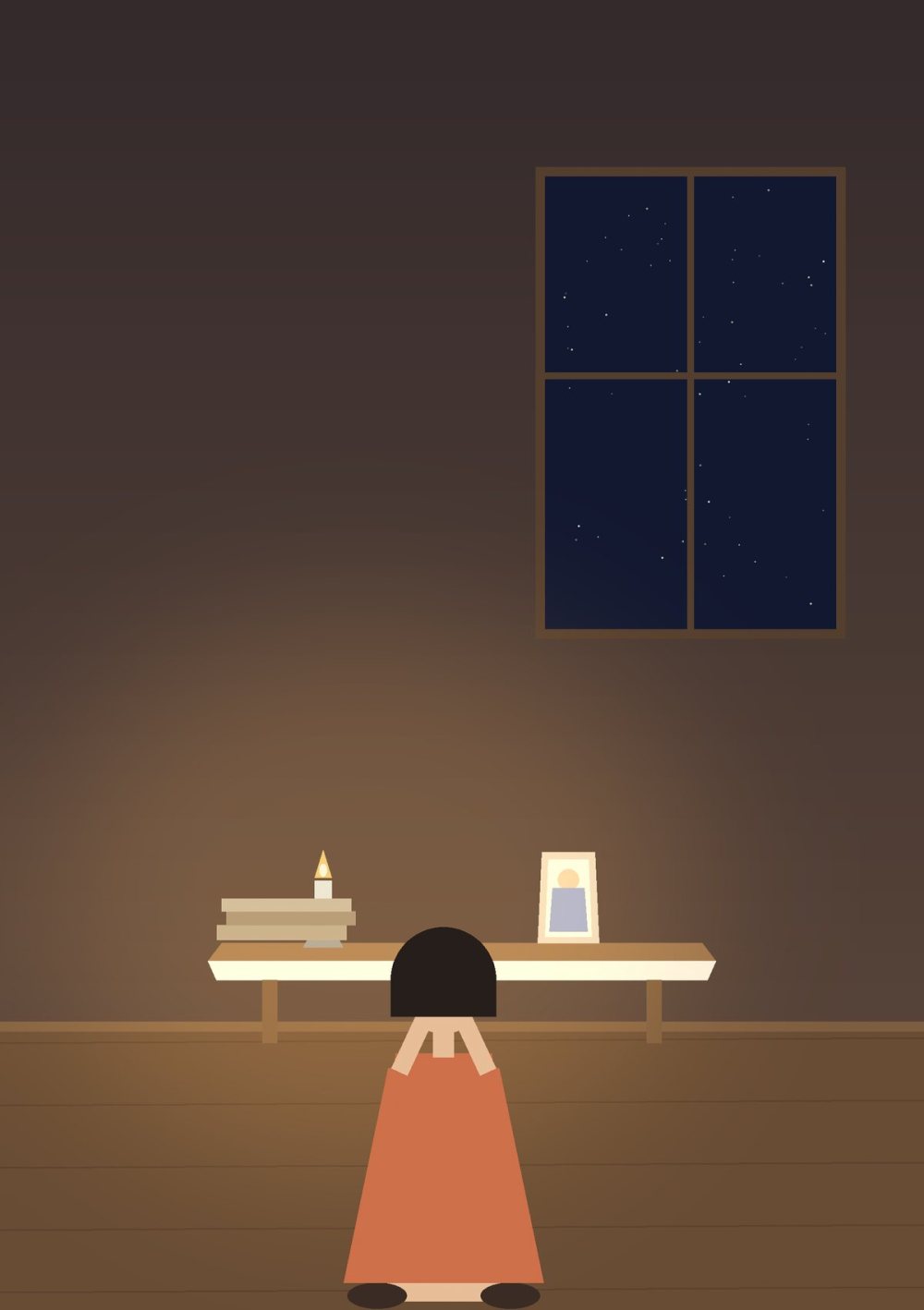 A dark room at night, stars at the window; a candle and a holy picture on a small table; a girl kneels with hands joined and head bowed