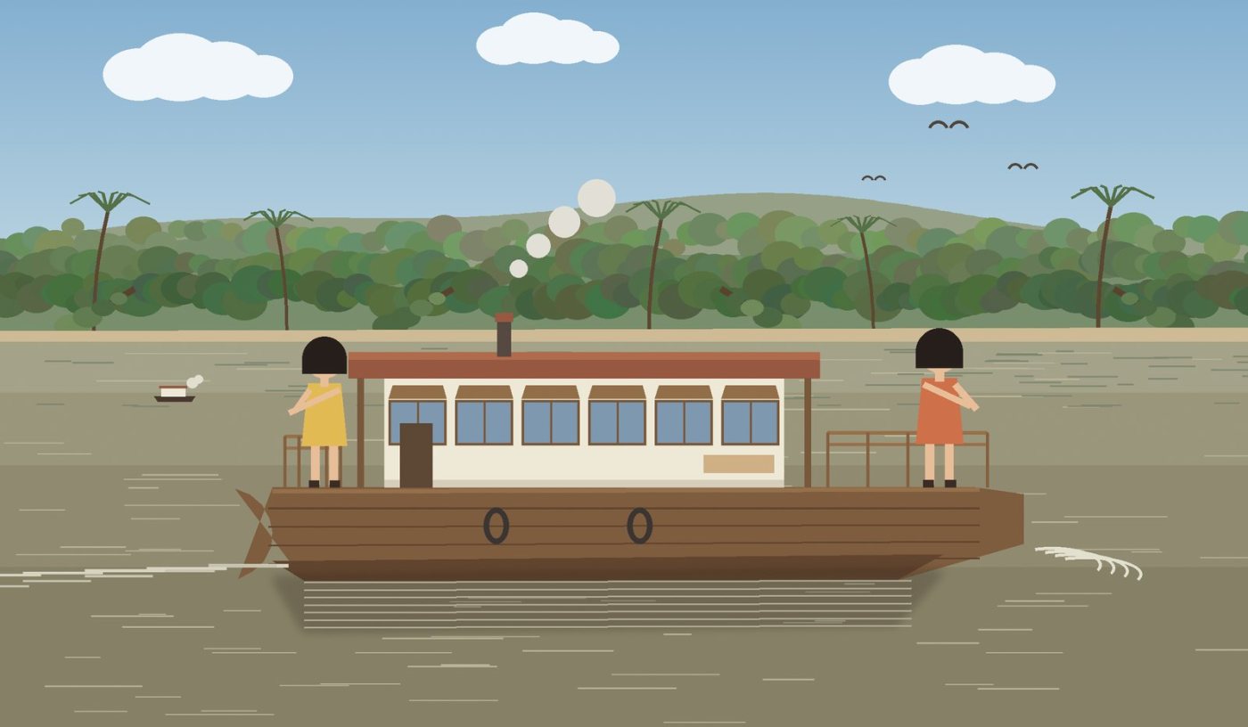A wooden motor launch like a small houseboat moves along the river; a girl stands at the bow and another at the stern