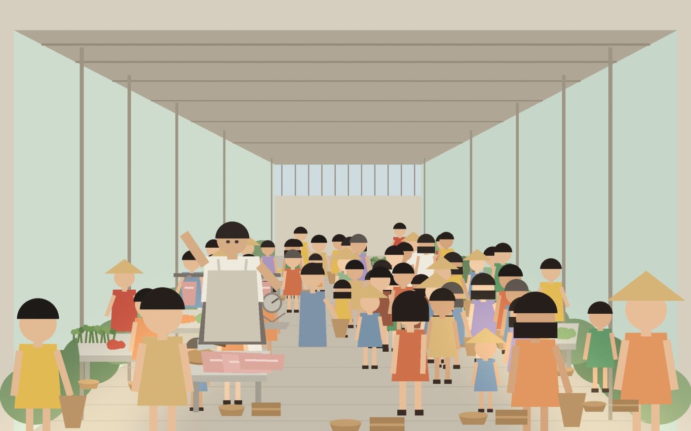 A crowded market shed with cement tables piled with greens and fruit; a butcher works beneath a rail of hanging cuts; shoppers fill the aisle