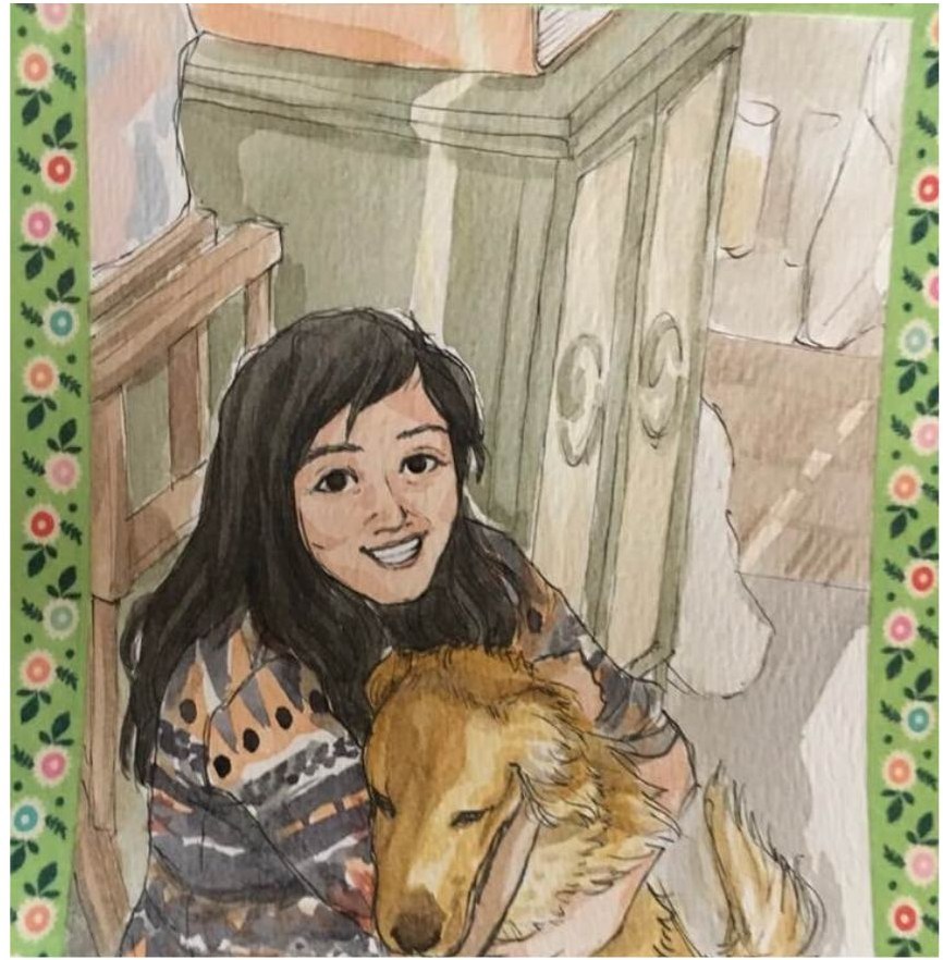 A watercolor of the writer with her golden dog Cassie