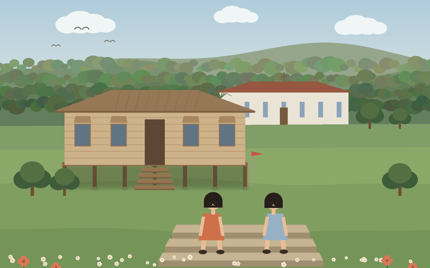 A single plain wooden schoolhouse on stilts with shuttered windows and plank steps; behind it the sisters convent and tall wooded hills; two girls sit side by side on earth steps in the foreground