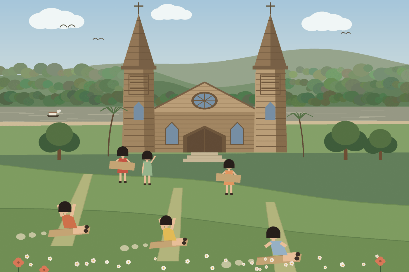 An old unpainted wooden church with two tall spires and a triangular gable between them, standing near the river with jungle hills behind; children slide down the grassy hill in front on sheets of cardboard