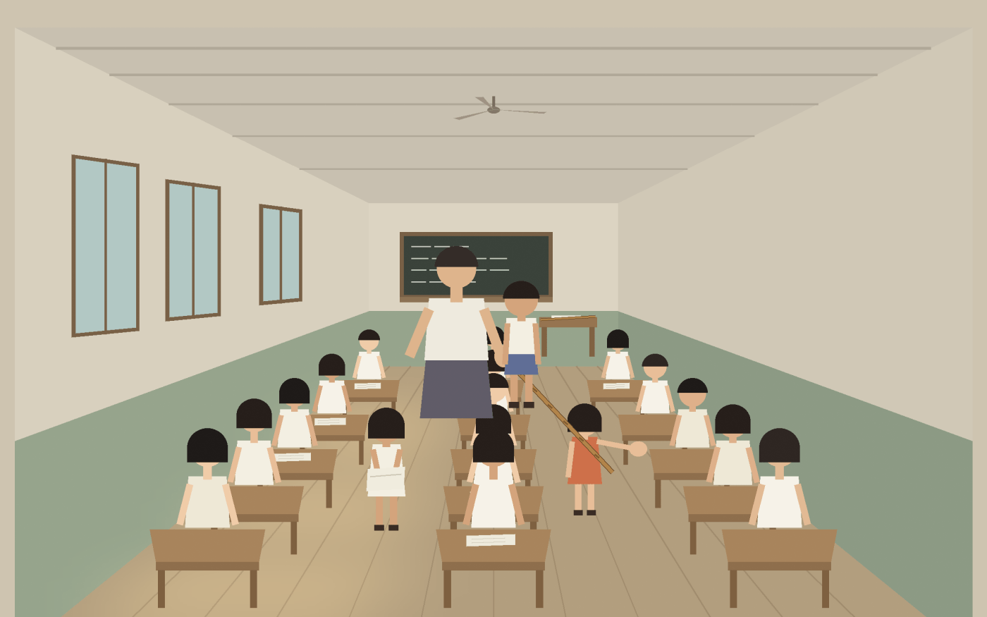 An old classroom with rows of wooden desks and children with their heads down; a teacher stands at the front holding a long rattan cane at his side; one girl stands beside her desk with her hand held out