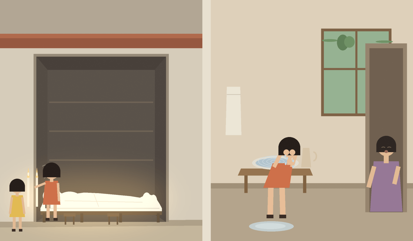 Two panels: on the left a shop emptied of goods, dark inside, with a covered body on a low bed and candles at the head, and a girl standing at the open doorway; on the right the same girl bent over a basin washing her face while a woman laughs in the doorway
